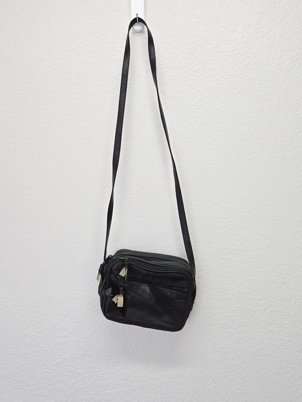 Vtg Bag Patchwork Genuine Leather Purse Shoulder Crossbody Boho Black 80s 90s